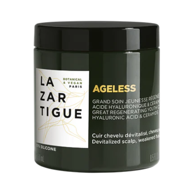 Frasco verde escuro de creme LAZARTIGUE AGELESS com tampa preta e texto em inglês e francês.