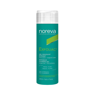 Frasco verde com tampa transparente de gel de limpeza Noreva Exfoliac