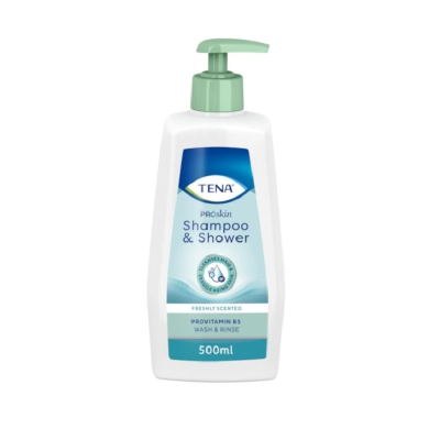 Frasco de shampoo e gel de banho TENA ProSkin 500ml com doseador verde claro.