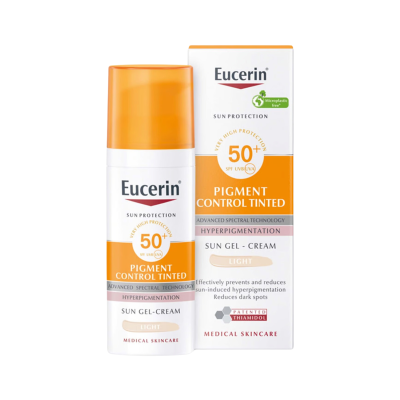 Creme solar Eucerin Pigment Control Tinted SPF 50+ em embalagem branca e laranja