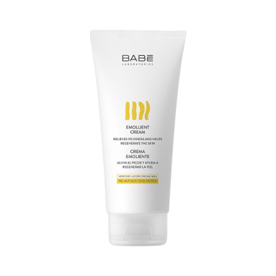 Frasco branco de creme em tubo BABÉ Emollient Cream com texto em inglês e espanhol