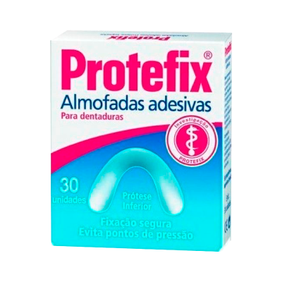 Embalagem branca e azul de almofadas adesivas Protefix para dentaduras com texto e logotipo rosa