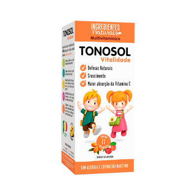 Embalagem do suplemento multivitamínico Tonosol Vitalidade com ilustração de crianças e texto sobre benefícios