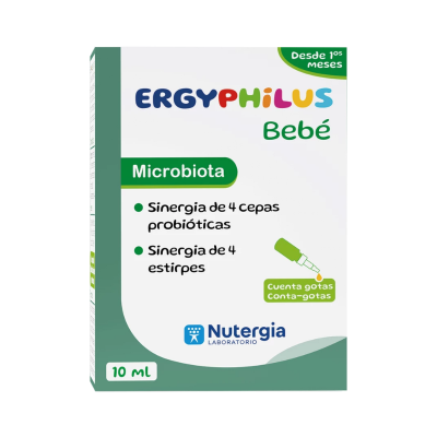 Embalagem branca e verde do suplemento Ergyphilus Bebé Microbiota