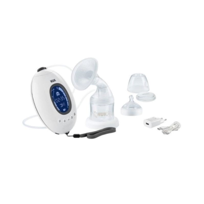 Bomba de leite materno elétrica NUK com acessórios, em fundo branco