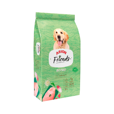 Pacote verde de ração para cães Arion Friends Bravo Adult com cão e flores