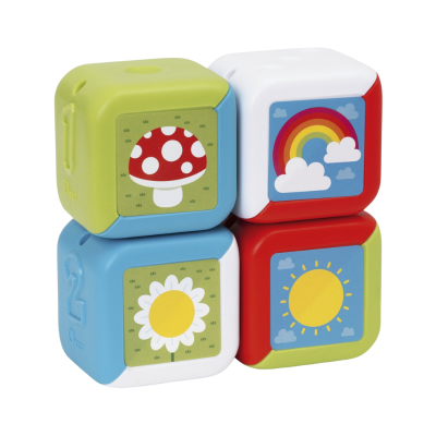 Quatro blocos coloridos de brinquedo com desenhos de cogumelo, arco-íris, flor e sol