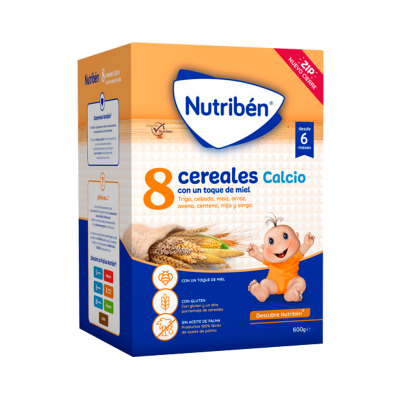 Embalagem de cereais Nutriben 8 Cereales Calcio para bebés, 600g, cores azul, branco e laranja