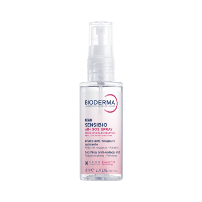 Frasco transparente de spray Bioderma Sensibio AR+ SOS Spray 70 ml