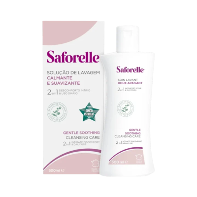 Frasco e caixa da solução de lavagem íntima Saforelle em branco e rosa