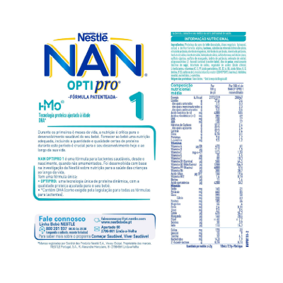 Embalagem de fórmula infantil NAN OPTIPRO 1 da Nestlé com texto em português e informações nutricionais
