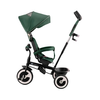 Triciclo infantil verde escuro com cobertura, empurrador e rodas com design circular