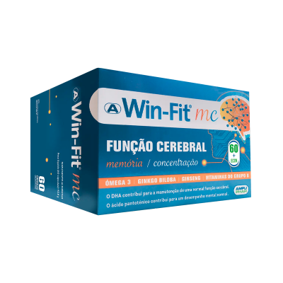 Suplemento alimentar Win-Fit mc azul com texto sobre função cerebral e ingredientes