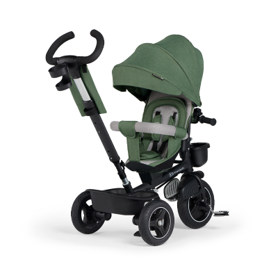 Triciclo infantil verde com alça de empurrar preta e capota ajustável