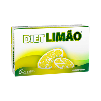 Caixa de comprimidos DIET LIMÃO com ilustração de limões e texto em verde e amarelo