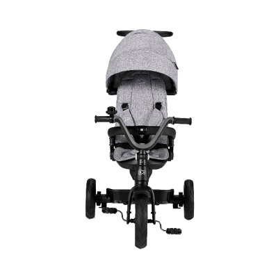 Triciclo infantil preto com assento e capota cinza acolchoados