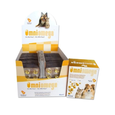 Expositor de cápsulas Omniomega para cães e gatos, branco e amarelo, com embalagens e cápsulas amarelas visíveis.