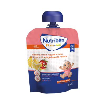Embalagem de puré natural Nutriben Fruta&GO sabor banana e morango com iogurte