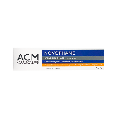 Embalagem de creme para unhas ACM Novophane com design branco, azul e laranja