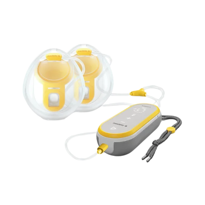Bomba tira-leite elétrica portátil com copas amarelas e controlador cinza e amarelo