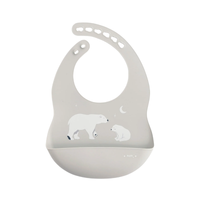 Babete cinzento claro em silicone com bolso e ilustração de ursos polares.