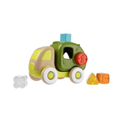 Brinquedo de camião de construção reciclado com formas amarelas, laranja e brancas ao lado.