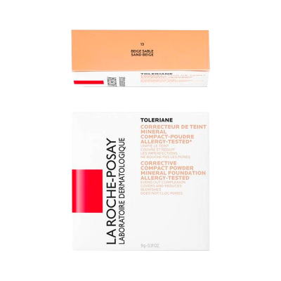 Embalagem de pó compacto corretor de tom La Roche-Posay Toleriane em branco, vermelho e bege.