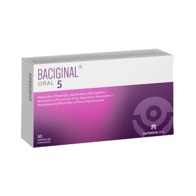 Embalagem branca e roxa do produto BACIGNAL ORAL 5 com 30 cápsulas da Cantabria Labs