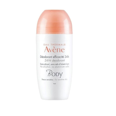 Desodorizante Avène Body branco com tampa rosa e texto em várias línguas