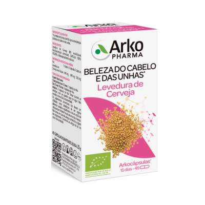 Caixa de cápsulas Arko Pharma para cabelo e unhas com levedura de cerveja, em branco e rosa.
