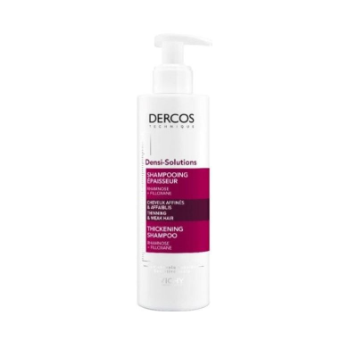Frasco branco de shampoo Dercos Technique com doseador e rótulo rosa e preto