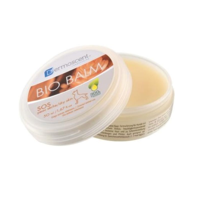 Bálsamo Dermoscent Bio Balm em pote branco com tampa aberta