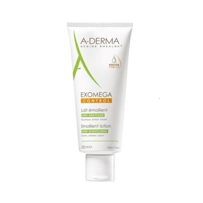 Tubo branco de leite emoliente A-DERMA EXOMEGA CONTROL 200 ml