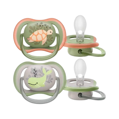 Chupetas para bebés com desenhos de uma tartaruga e uma baleia