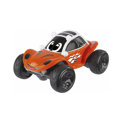 Carro de brinquedo laranja com rodas grandes e olhos no para-brisas