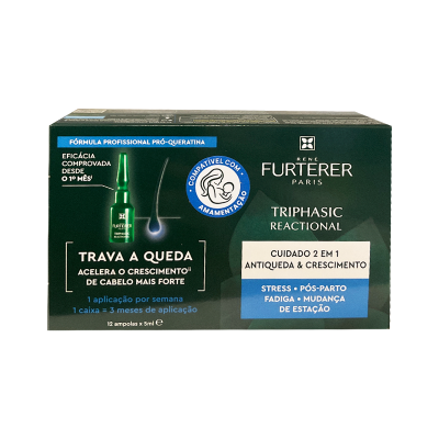 Caixa de produto capilar Rene Furterer Triphasic Reactional em verde e azul