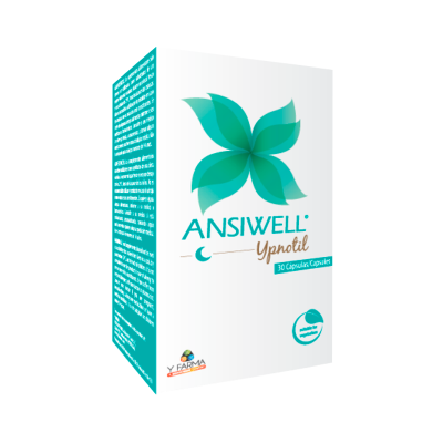 Embalagem de produto AnsIwell Ypnotil com design verde e azul e texto informativo