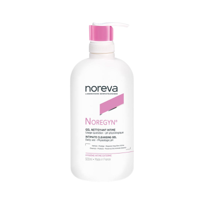 Frasco branco com doseador rosa de gel higiénico Noreva Noregyn 500 ml