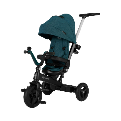 Triciclo para crianças azul com estrutura preta e push handle cinzento