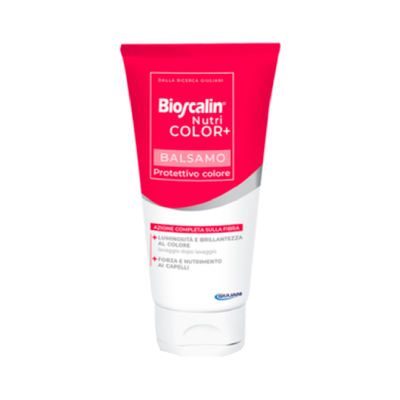 Bálsamo capilar Bioscalin Nutri Color+ em tubo vermelho e branco.
