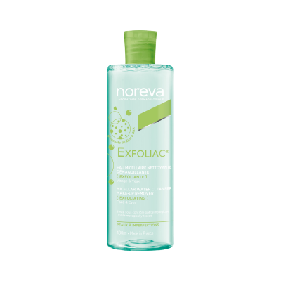 Frasco de água micelar Noreva Exfoliac transparente com tampa verde