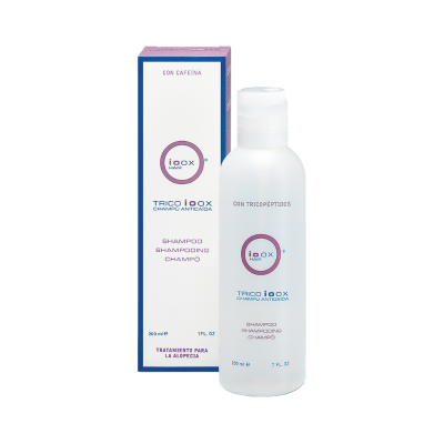 Frasco e caixa do shampoo TRICO IOOX para tratamento da queda de cabelo