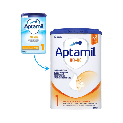 Pacote de leite em pó Aptamil AO-AC 800g com tampa azul para gestão nutricional