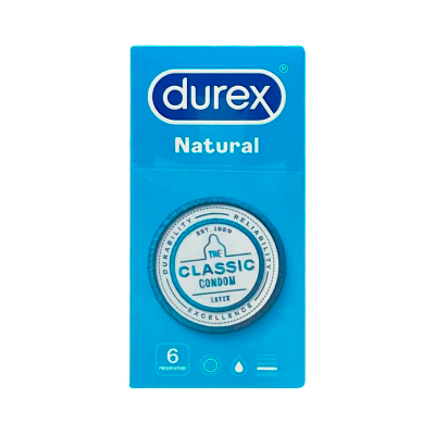 Embalagem azul de preservativos Durex Natural com selo THE CLASSIC CONDOM