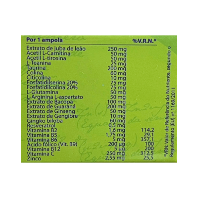 Rótulo verde com lista de ingredientes e quantidades por ampola e valores percentuais