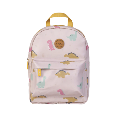 Mochila infantil com padrão de dinossauros coloridos e alça amarela