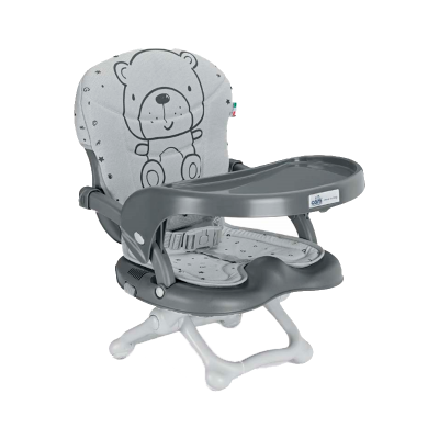 Cadeira de bebé cinzenta com desenho de urso e bandeja cinzenta