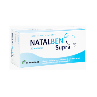 Embalagem de suplemento alimentar NATALBEN Supra 30 cápsulas azul e branco