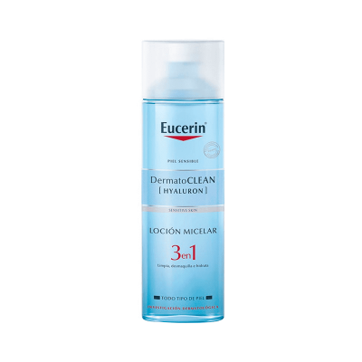 Frasco de loção micelar Eucerin DermatoCLEAN azul com tampa branca