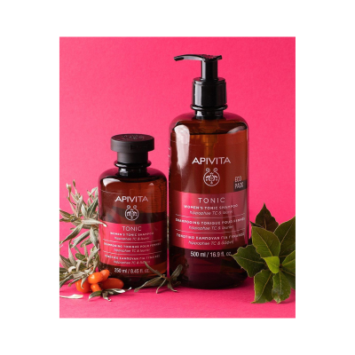 Dois frascos castanhos de shampoo APIVITA com ramos verdes e bagas laranja